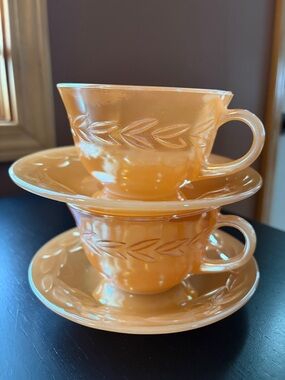 Vintage Fire King Peach Lusterware Laurel Leaf Teacup & Saucer set of 2